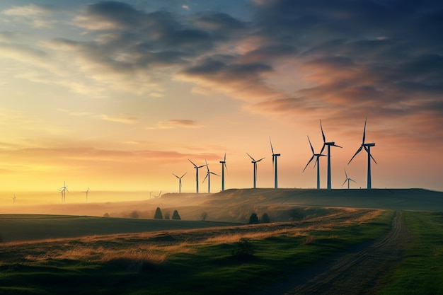 Zdjęcie farmy wiatrowej lub parku wiatrowego z wysokimi turbinami wiatrowymi do wytwarzania energii elektrycznejZielona energia