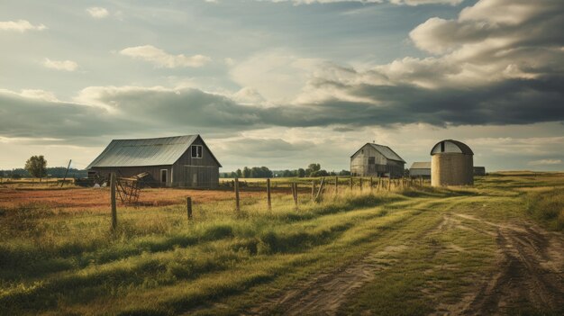 Zdjęcie zdjęcie farmy z chmurnym niebem na tle miękkiego porannego światła