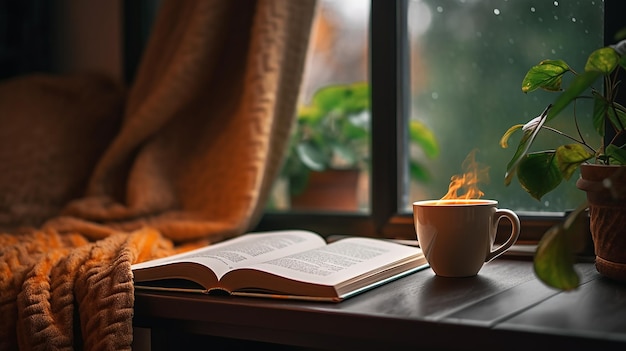Zdjęcie filiżanki herbaty i otwartej książki z deszczem
