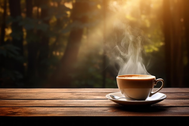 Zdjęcie filiżanki kawy na drewnianym stole