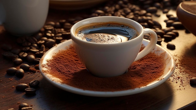 Zdjęcie filiżanki kawy na podkładce z rozlane ziarna kawy