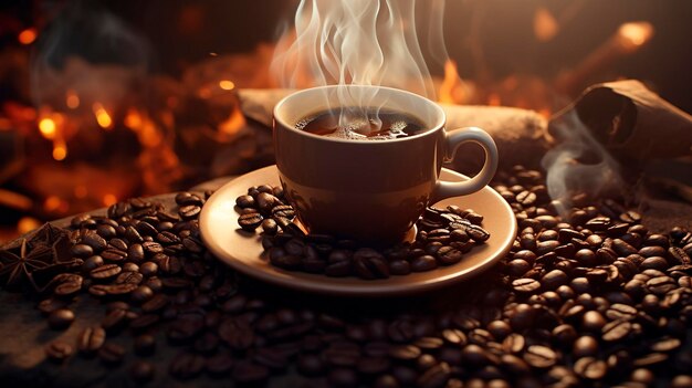 Zdjęcie filiżanki kawy otoczonej rozlane ziarna kawy i pary