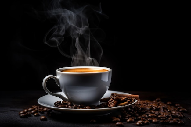 Zdjęcie filiżanki kawy z dymem i ziarnami kawy na czarnym tle