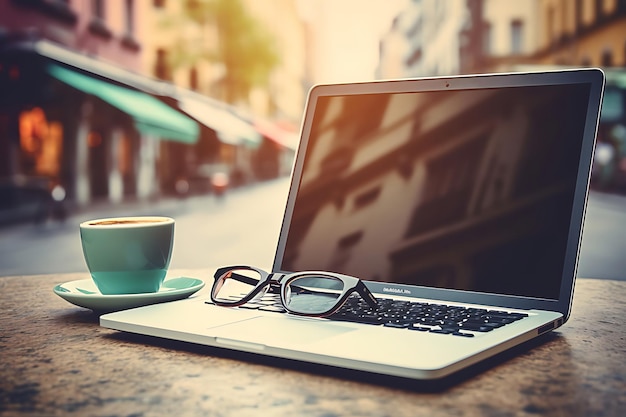 Zdjęcie filiżanki kawy z laptopem i okularami