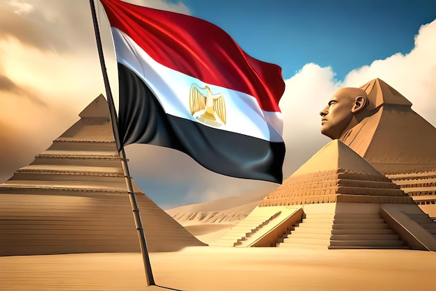 Zdjęcie zdjęcie flagi egiptu z faraonem i piramidami w tle