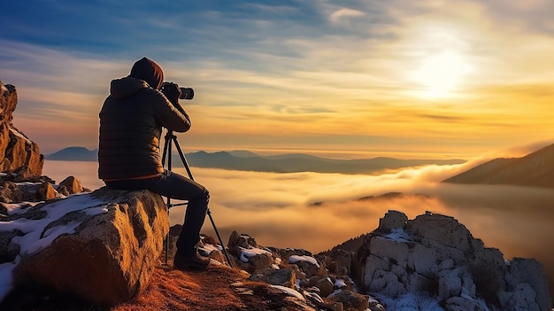 Zdjęcie fotografa na górskim wzgórzu i fotografowanie wieczornego krajobrazu zachodu słońca