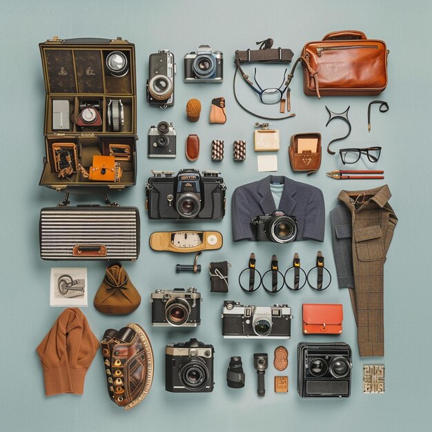 Zdjęcie zdjęcie fotografa vintage knolling flat lays retro zdjęcie z góry widok zawodu klasyfikacji kolorów