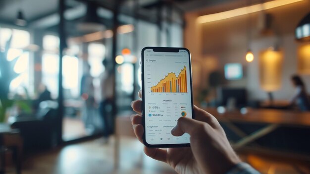 Zdjęcie fotograficzne ręki trzymającej ekran smartfona pokazujące wznoszący się wykres liniowy i