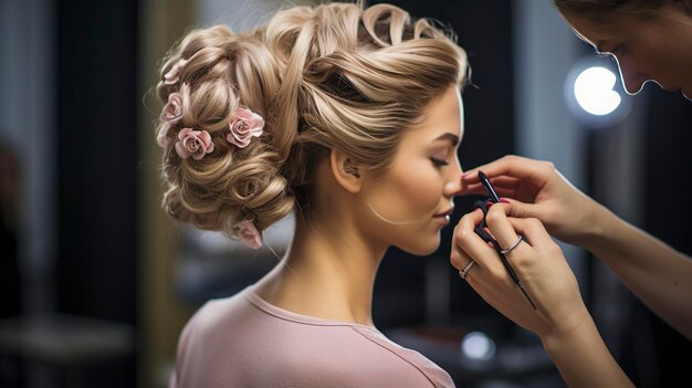 Zdjęcie zdjęcie fryzjera tworzącego eleganckie updos