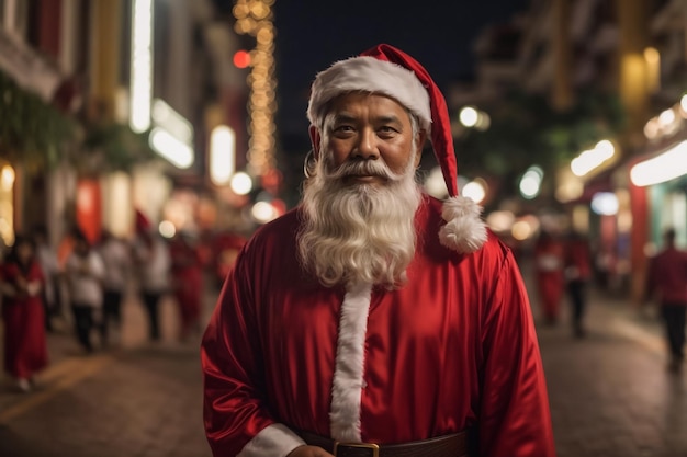 Zdjęcie funky radosny człowiek blogger nosi kostium Świętego Mikołaja demonstrować podróż podróż oświetlone miasto
