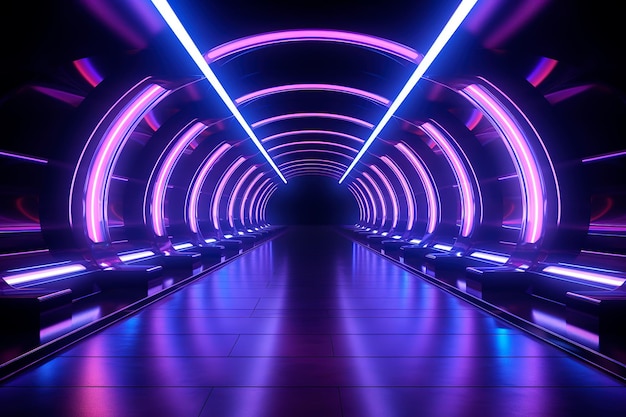 Zdjęcie futurystycznego tunelu z metalowymi ścianami neonowymi
