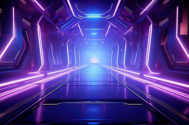 Zdjęcie futurystycznego tunelu z metalowymi ścianami neonowymi