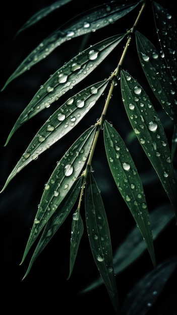 zdjęcie garstki liści bambusa otoczonego kropelami wody deszczowej