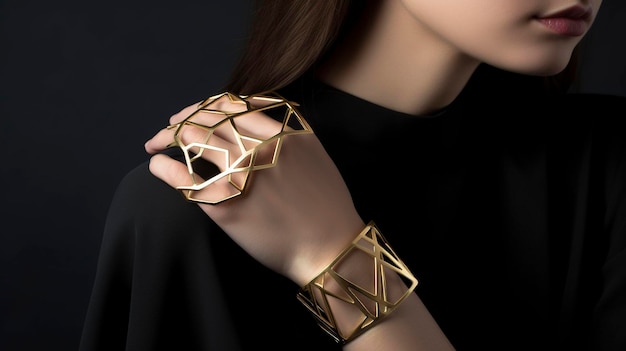 Zdjęcie geometrycznej złotej bransoletki na ramieniu modelki