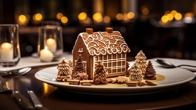 Zdjęcie zdjęcie gingerbread house jako dania w ekskluzywnej restauracji