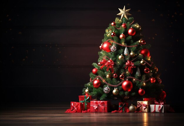Zdjęcie girland bożonarodzeniowych Bożonarodzeniowe tło i dekoracje jodłowe z prezentem w kolorze czerwonym i złotym