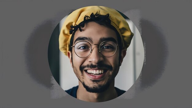 Zdjęcie głowy pozytywnego, nie ogolonego młodego mężczyzny, szeroko uśmiechniętego, noszącego okrągłe okulary optyczne, żółte czapki.