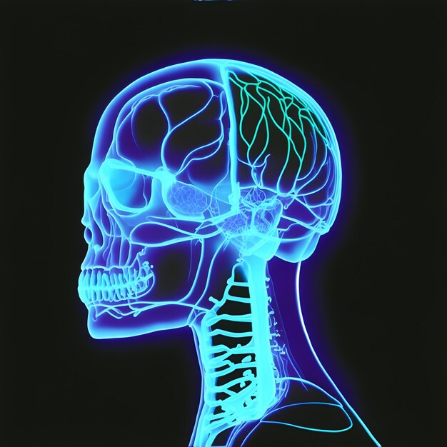Zdjęcie głowy szkieletu oświetlonej na niebiesko