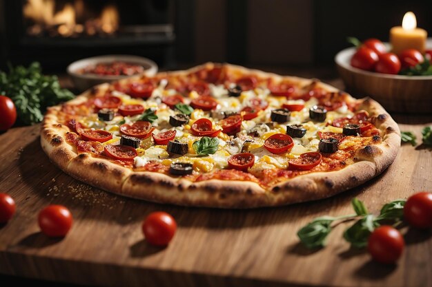 Zdjęcie gorącej pizzy z bliska na stole w tle grupy lub towarzystwa przyjaciół
