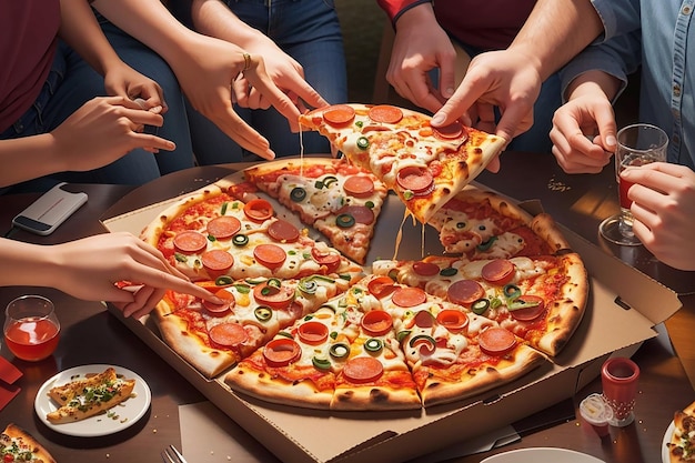 Zdjęcie gorącej pizzy z bliska na stole w tle grupy lub towarzystwa przyjaciół