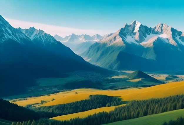 zdjęcie góry z polem żółtej trawy i drzew