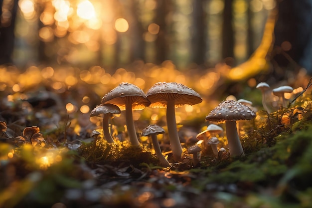 zdjęcie grupy grzybów oświetlonych światłem słonecznym w lesie