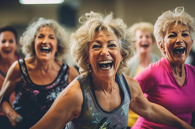 Zdjęcie grupy kobiet w wieku powyżej 50 lat biorących udział w zajęciach z zumby w centrum sportowym Koncepcja zdrowia i dobrego samopoczucia Zdjęcie stworzone za pomocą sztucznej inteligencji