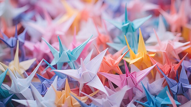 Zdjęcie zdjęcie grupy kolorowych żurawi origami z papierowym tłem