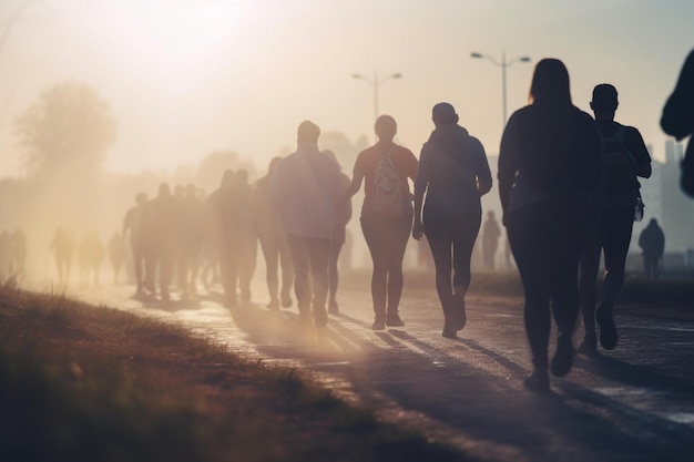 Zdjęcie grupy osób uczestniczących w charytatywnym spacerze lub biegu Światowy dzień zdrowia bokeh