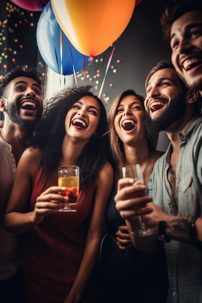 Zdjęcie grupy szczęśliwych przyjaciół na imprezie stworzonej za pomocą sztucznej inteligencji generatywnej