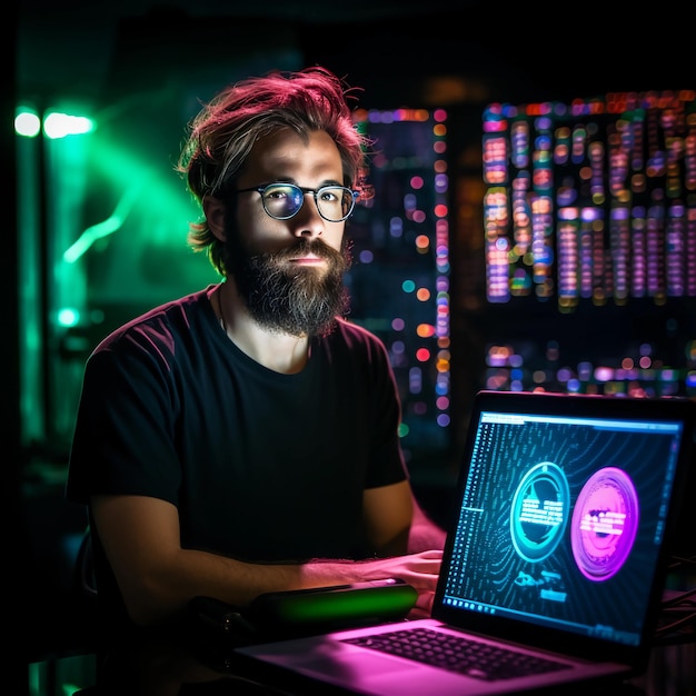 zdjęcie hakera komputerowego z ikoną brody w czarnej koszulce w neonowym świetle