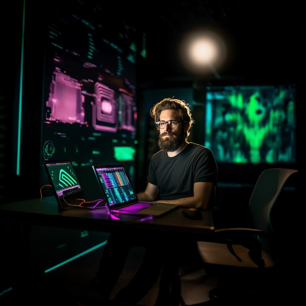 zdjęcie hakera komputerowego z ikoną brody w czarnej koszulce w neonowym świetle