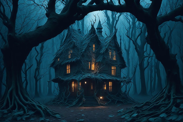 Zdjęcie horror Halloween nawiedzony dom w przerażającym nocnym lesie