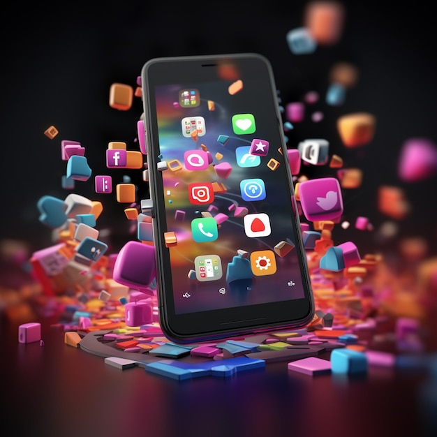 Zdjęcie ikon aplikacji mediów społecznościowych wokół smartfona 3d premium zdjęcie
