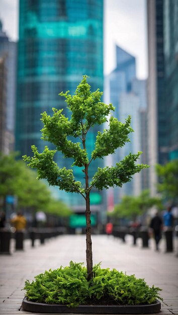 Zdjęcie zdjęcie ikony recyklingu na drzewie posadzonym na betonie w ruchliwym mieście ekologicznej kampanii go green