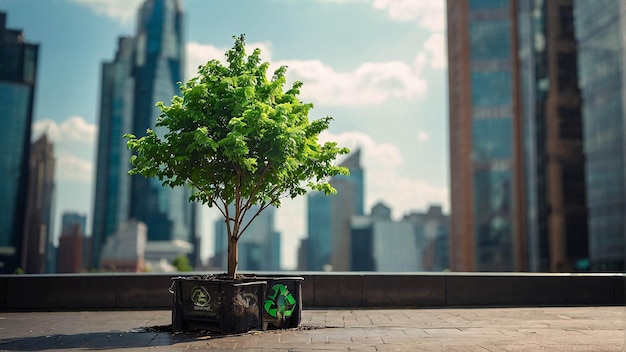 Zdjęcie zdjęcie ikony recyklingu na drzewie posadzonym na betonie w ruchliwym mieście ekologicznej kampanii go green