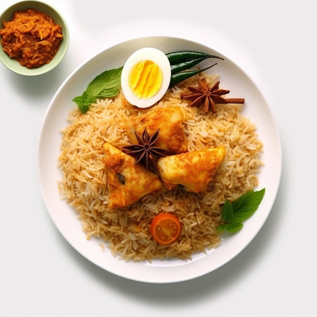 Zdjęcie indyjskiego pikantnego kurczaka i biriyani z jajkiem i curry
