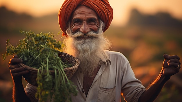 Zdjęcie indyjskiego rolnika w średnim wieku zbiorów dojrzałego ryżu generowanego przez AI