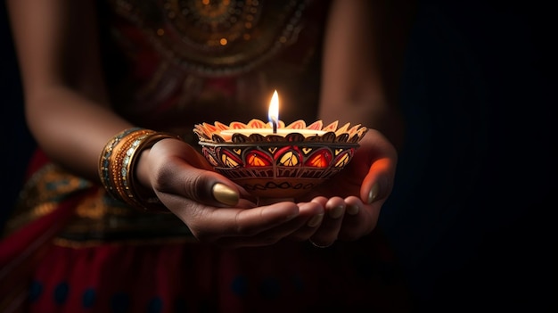 Zdjęcie indyjskiej kobiety trzymającej lampę naftową diya na tle festiwalu happy diwali