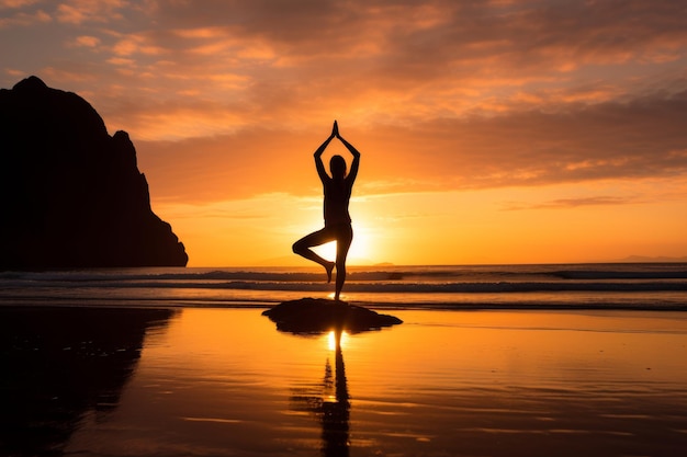 Zdjęcie instruktora jogi na plaży o wschodzie słońca Generatywna sztuczna inteligencja