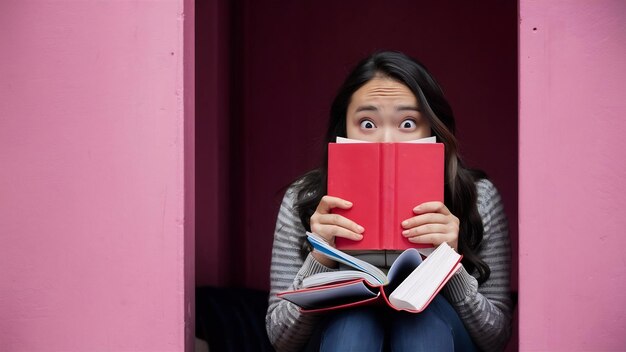 Zdjęcie inteligentnej studentki zakrywa twarz czerwoną książką patrzy z podsłuchanymi oczami czuje szok