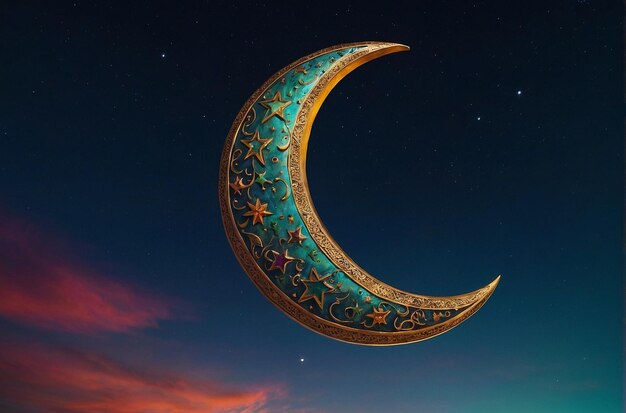 Zdjęcie islamskiego półksiężyca i gwiazdy na tle tętniącego życiem nieba