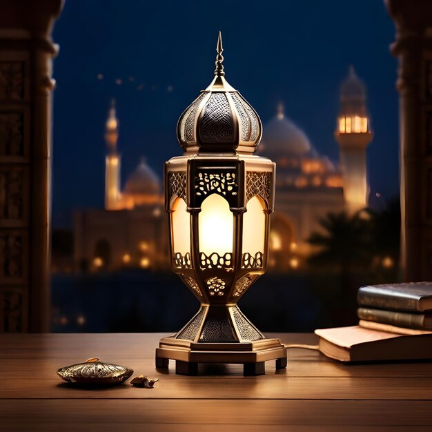 Zdjęcie zdjęcie islamskiej latarni z meczetem w tle na eid ul fitr i ramadan mubarak