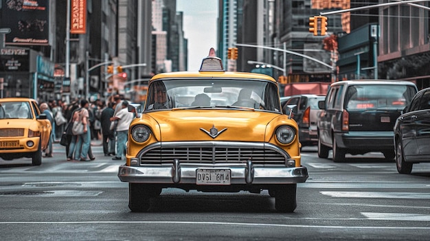 Zdjęcie jasnożółtej taksówki w ruchliwym centrum miasta