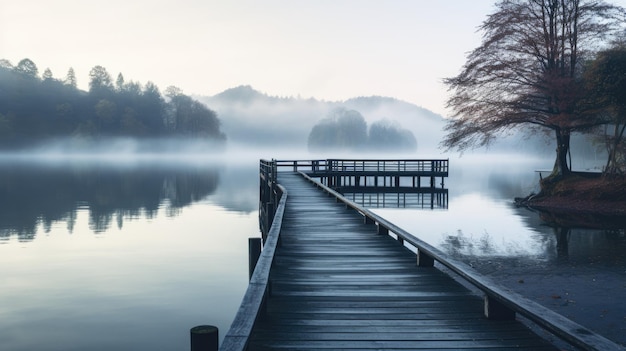 Zdjęcie zdjęcie jeziora z drewnianym mglistym porannym światłem