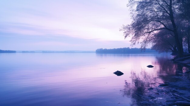 Zdjęcie jeziora z rozmytym tłem, miękkim oświetleniem o zmierzchu