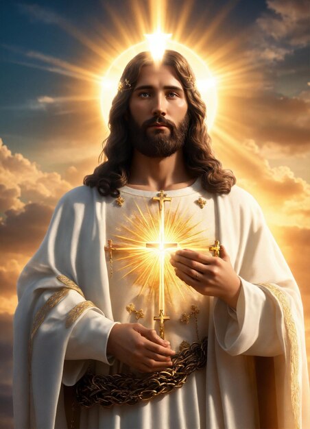 zdjęcie Jezusa trzymającego krzyż z słońcem za sobą