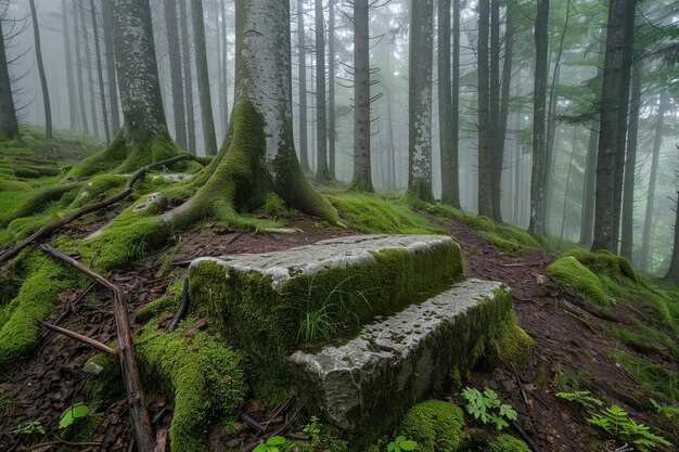 Zdjęcie kamiennego podium w mistycznym zaklętym lesie