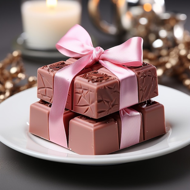 zdjęcie kawałka czekolady, który jest tak kuszący, ozdobiony uroczą różową wstążką