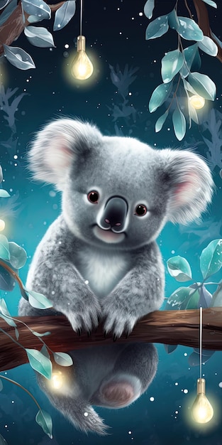 Zdjęcie zdjęcie koali na drzewie z niebieskim tłem